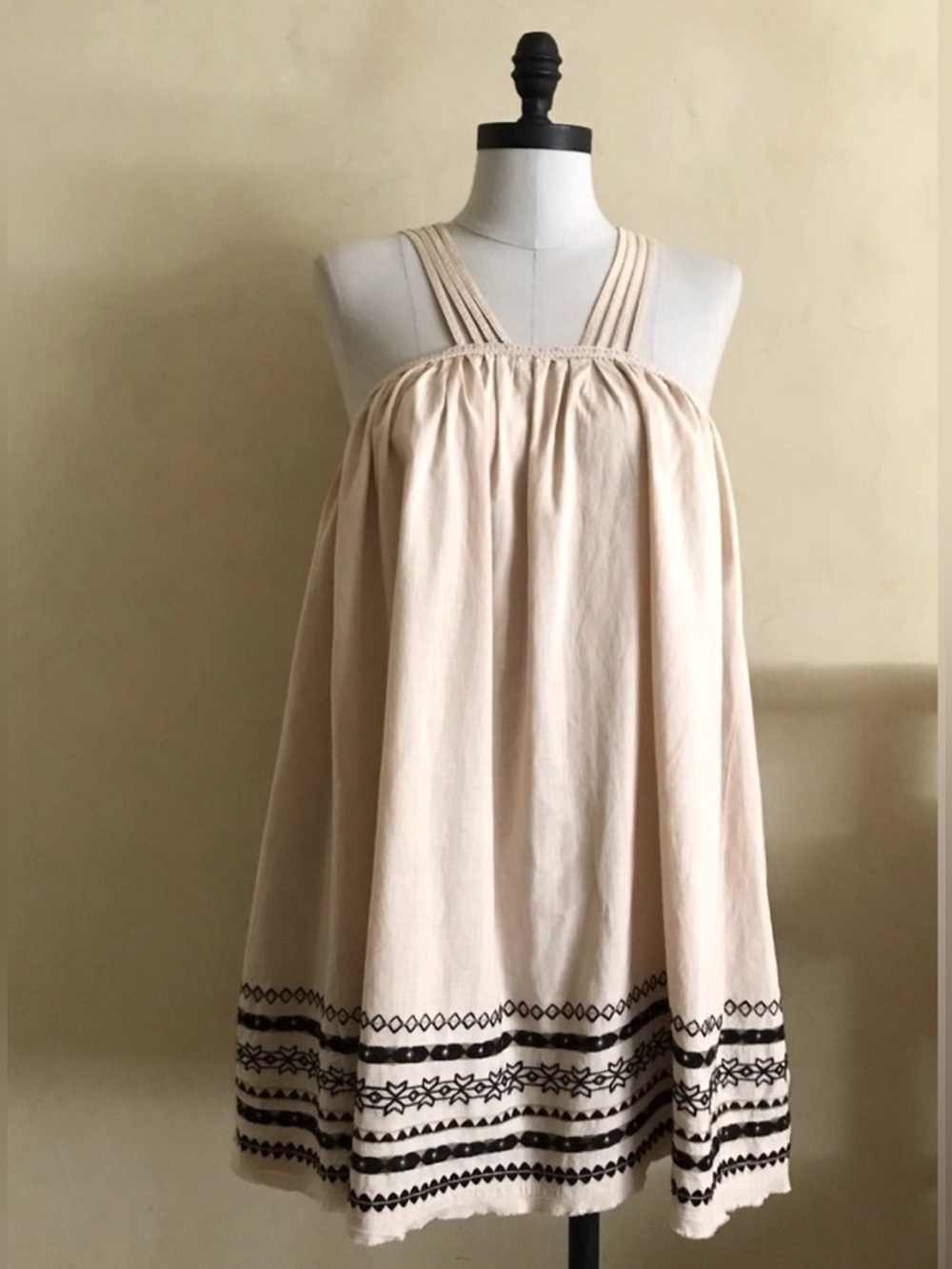 Free People Tan Cotton Top with Black Embroidery